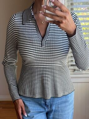 BCBG Black and White Striped Long Sleeve Polo Top